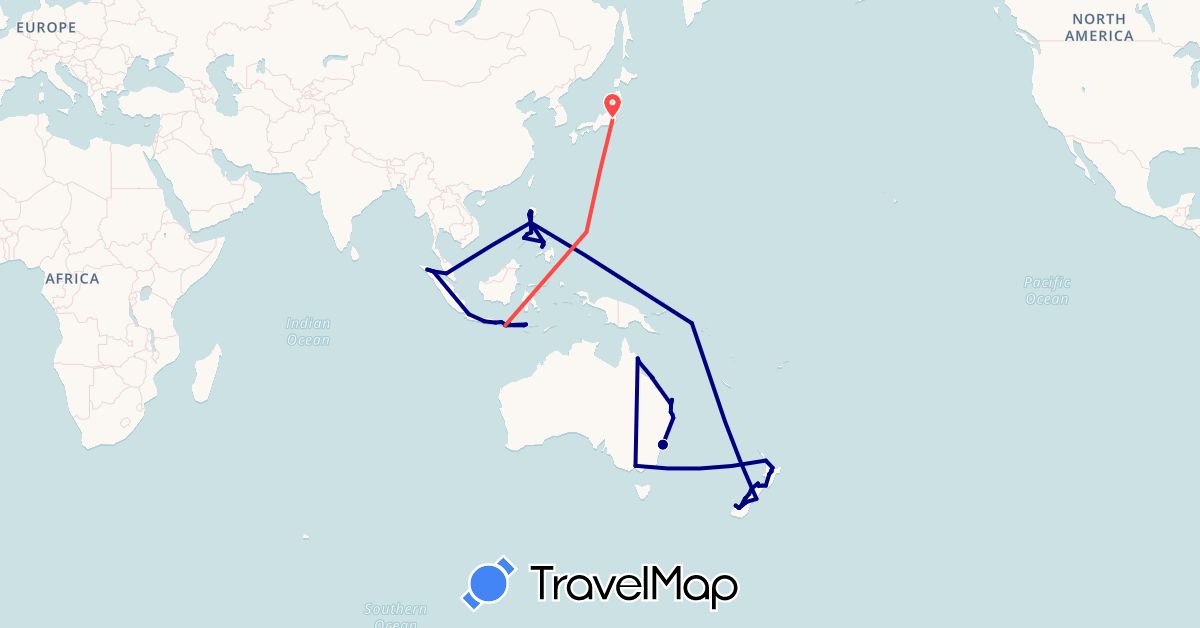 TravelMap itinerary: driving, hiking in Australia, Indonesia, Japan, Malaysia, New Zealand, Philippines, Solomon Islands (Asia, Oceania)